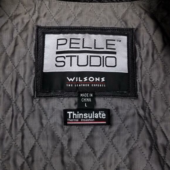 VINTAGE Wilsons Leather 90s Button Down Belted Wrap Coat Large Black Y2k 90s - Picture 2 of 7